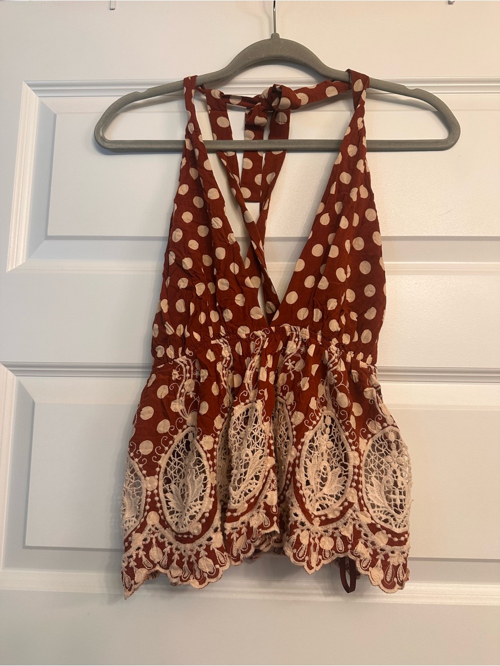 Free People Rust Polka Dot Halter Camisole with Cream Lace